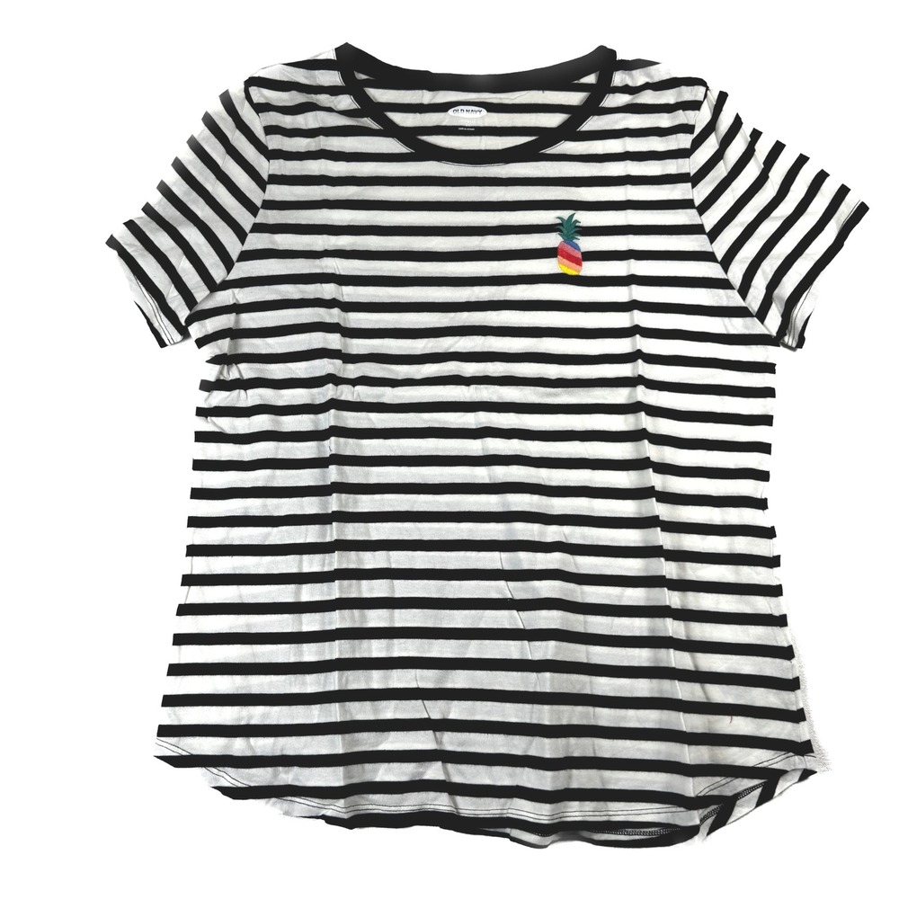 Old Navy Everywear T-Shirt Womens L Black White Striped Pineapple Embroidered